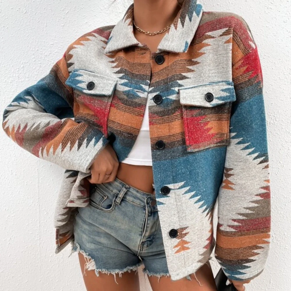 Cozy Tribal Print Button up Jacket Shacket Luxe - Picture 3 of 7
